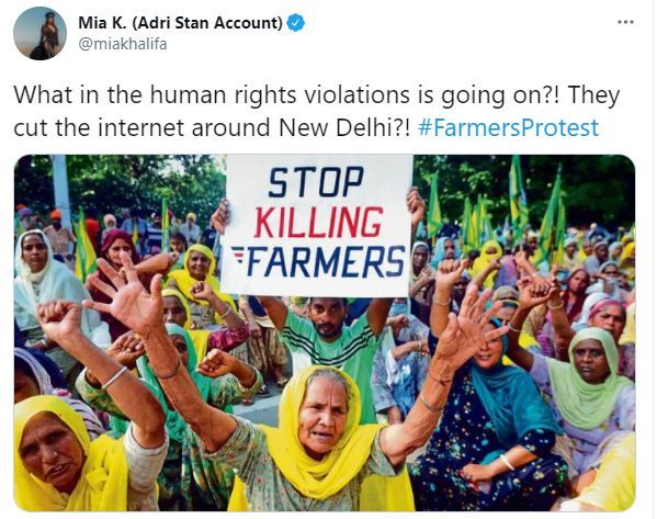 Mia Khalifa tweet on farmers protest