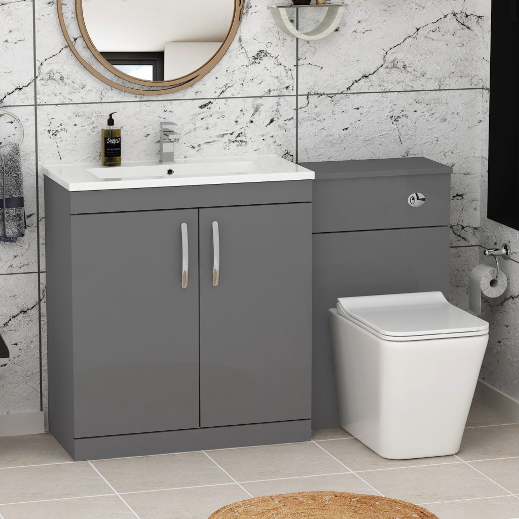 grey vanity unit with sink